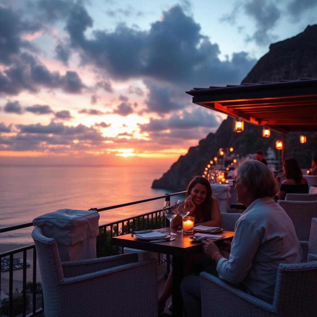 Pareja cenando con vistas al mar